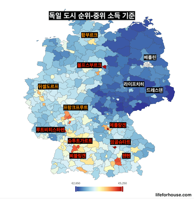 독일 도시 순위-소득 기준-도시 지도-젊은 도시 늙은 도시-동독 서독 격차